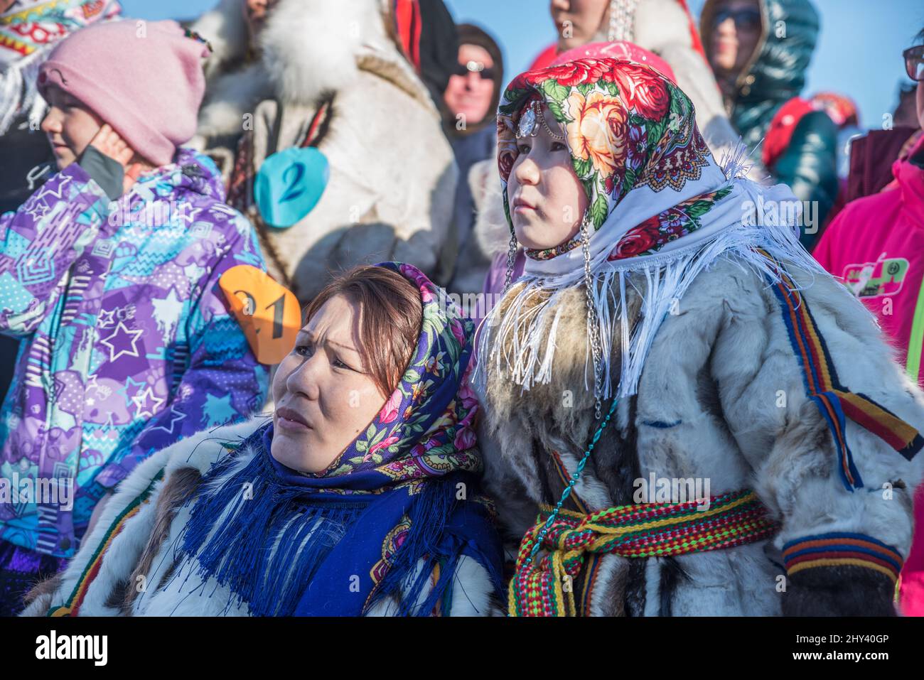 Nenets Patterns Nenet mother and daughter in traditional clothes at Reindeer Herdes ...