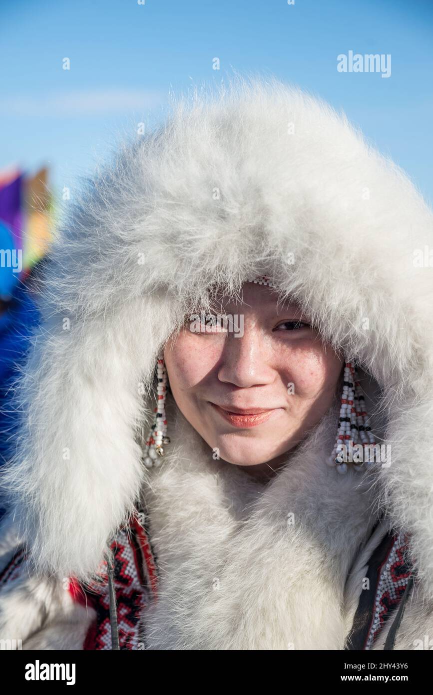 Nenets Patterns Portrait of a Nenet girl with traditional reindeer fur hood/headdress ...