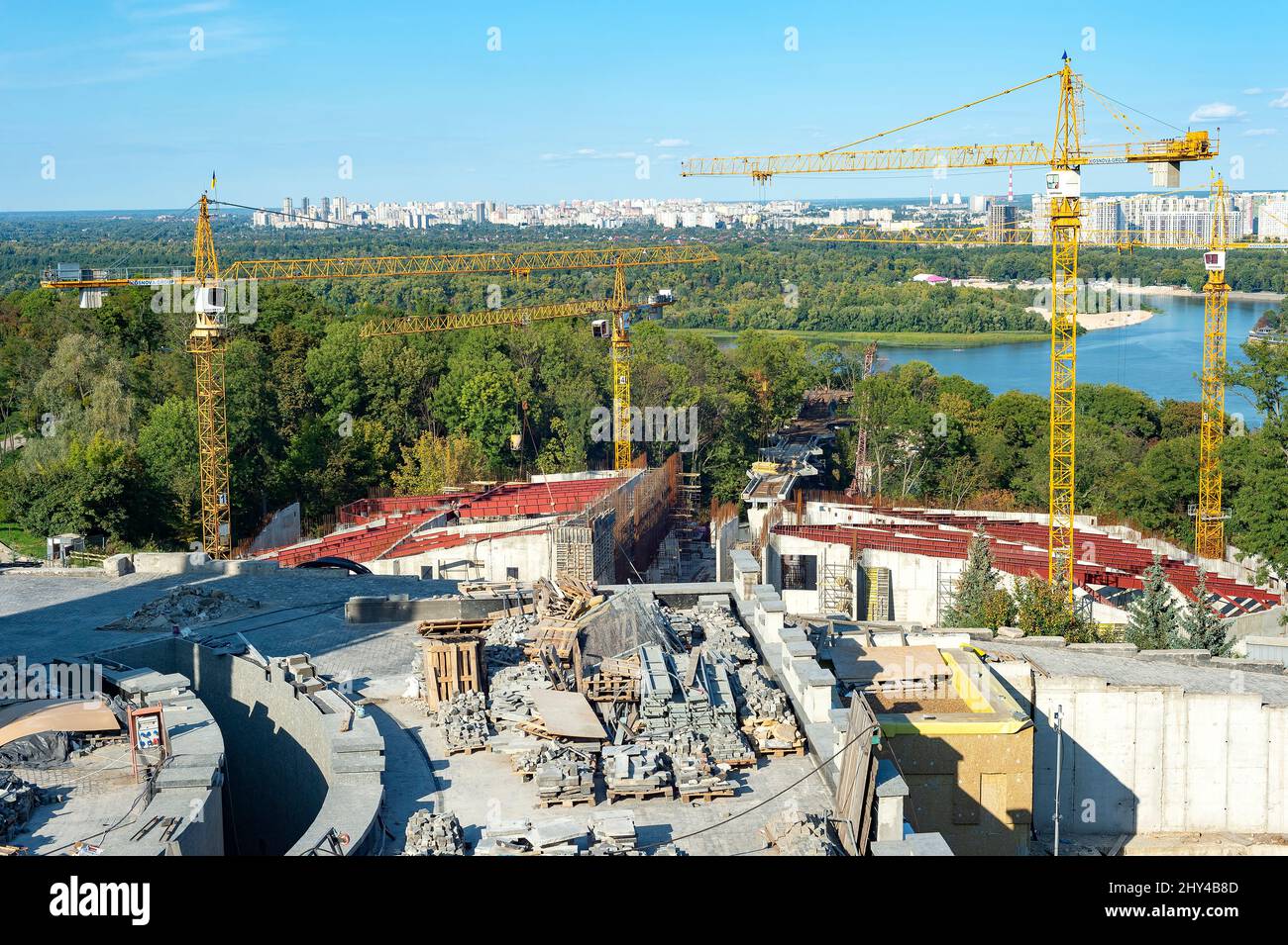 Construction site in Peremga park, left riverbank view, Kiyv summertime cityscape, Ukraine Stock Photo