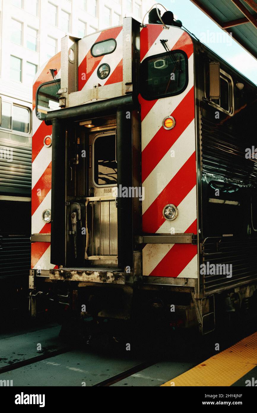 Vertical shot of a train metra commuter in Chicago Stock Photo