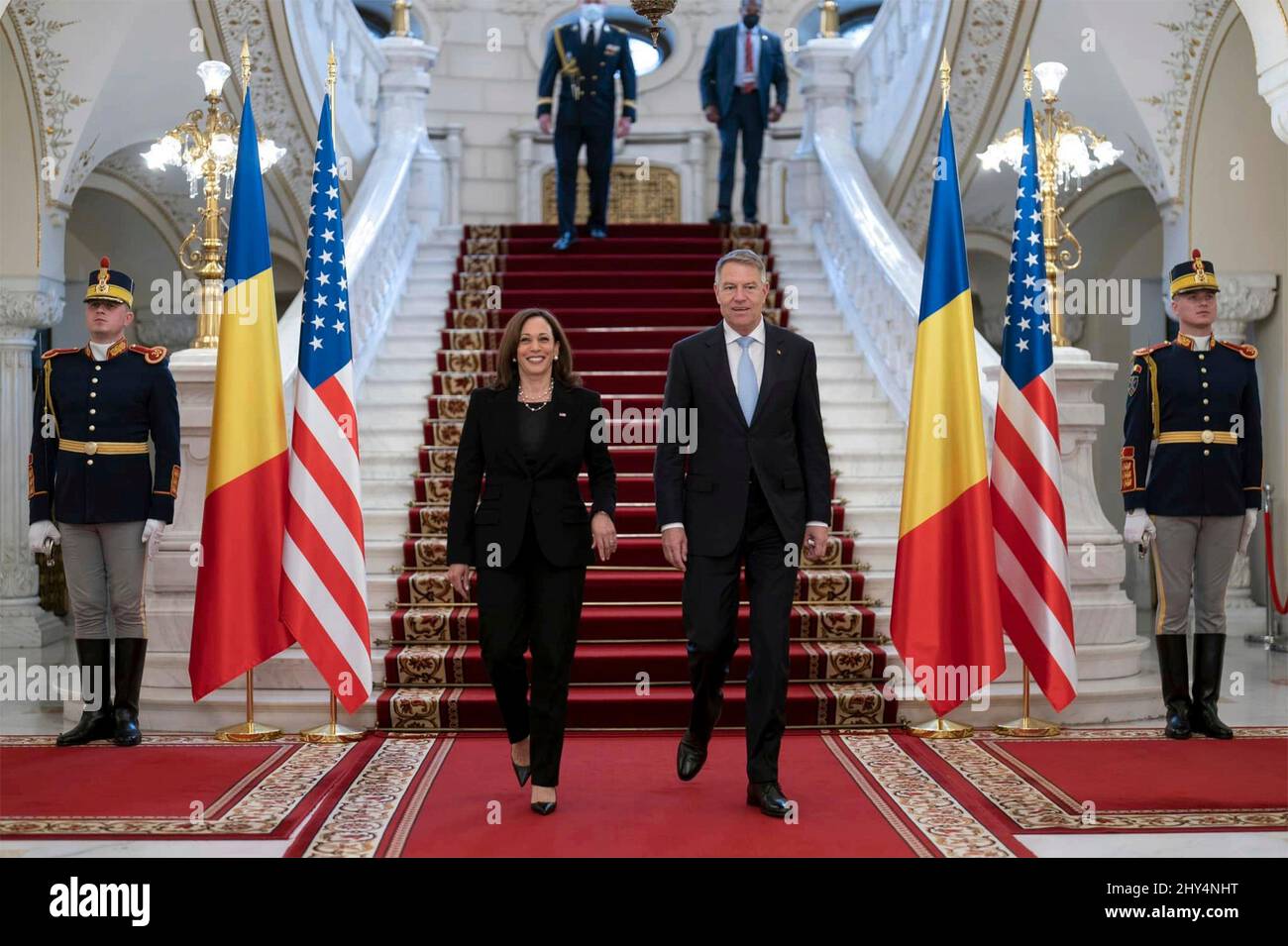 Bucharest, Romania. 11 March, 2022. U.S Vice President Kamala Harris stands with Romanian President Klaus Iohannis, right, following bilateral talks at the Cotroceni Palace, March 11, 2022 in Otopeni, Romania. Harris visited Romania to discuss the crisis in Ukraine with NATO allies.  Credit: Lawrence Jackson/White House Photo/Alamy Live News Stock Photo