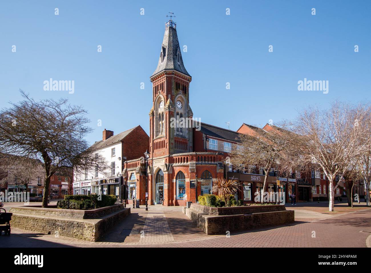 The market square in Rugeley Town Centre. Rugeley is an industrial and market town in Cannock Chase District in Staffordshire, England. It lies on the north-eastern edge of Cannock Chase next to the River Trent, 7.9 miles north of Lichfield Stock Photo