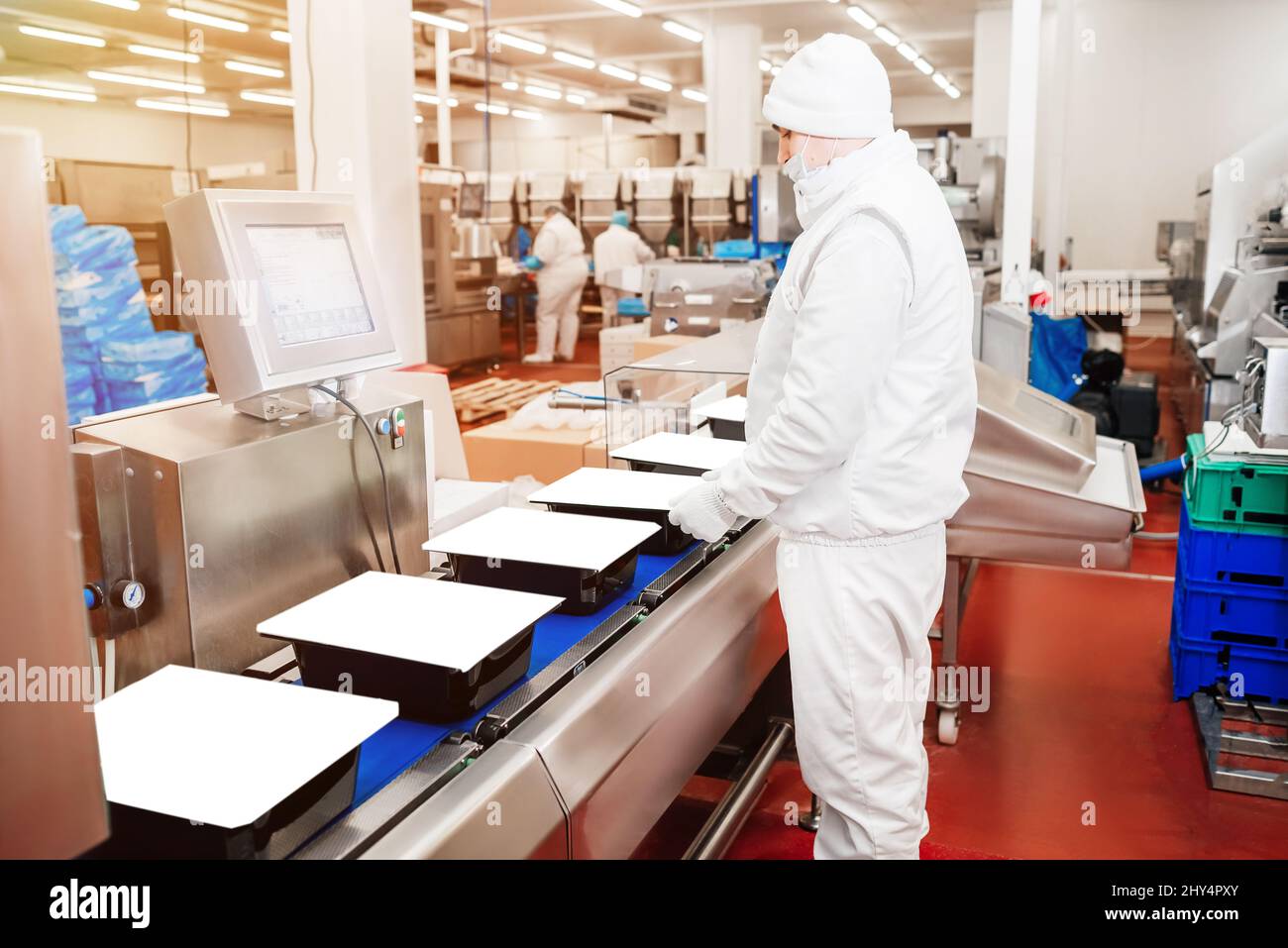 Line for the production of meat with packaging and cutting . Industrial