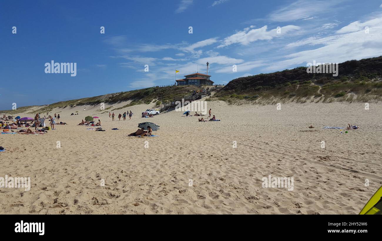 Contis Beautiful view of Plage de Contis beach in France with people tanning ...