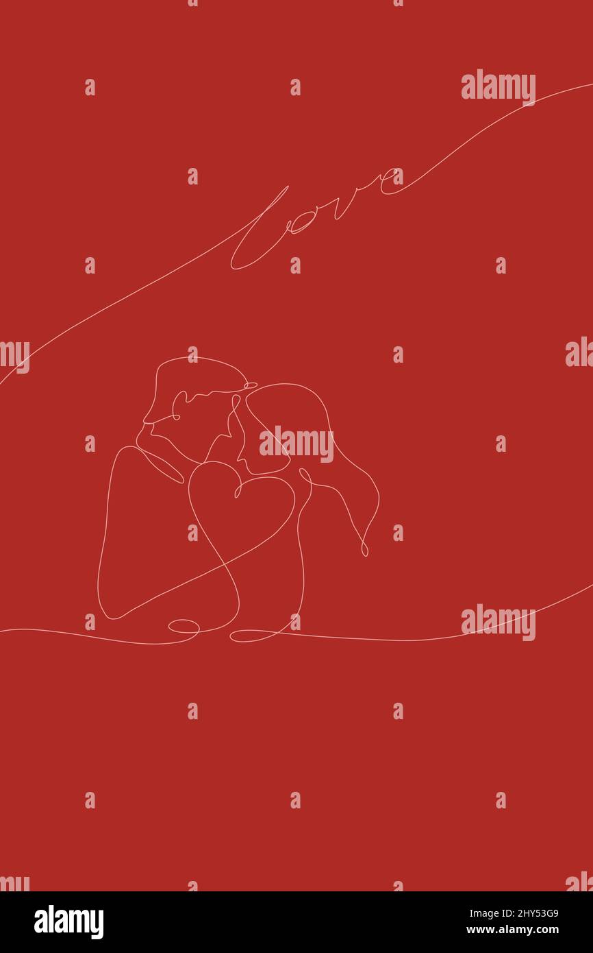 Lined illustration of a couple kissing on a red background - love ...