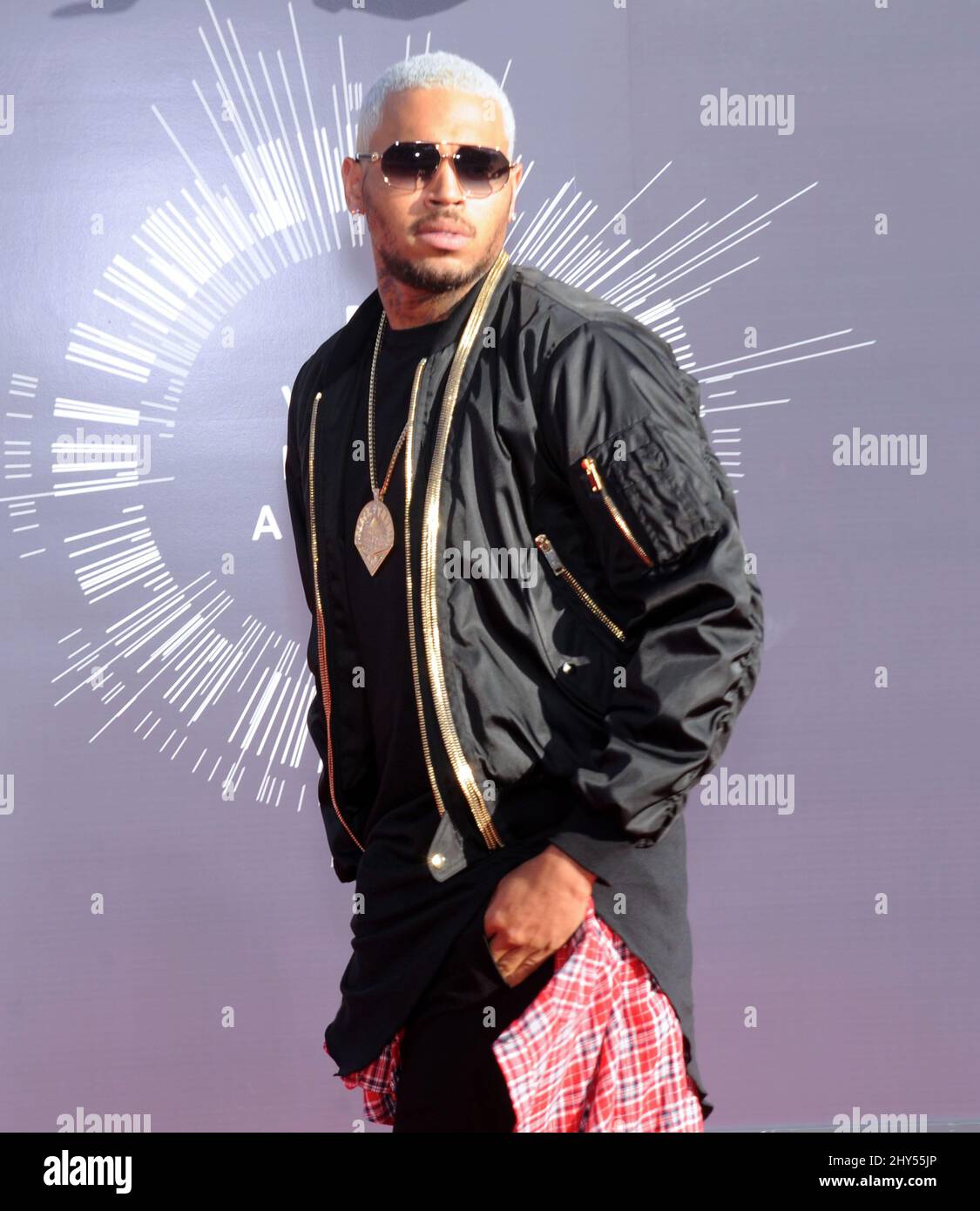 Chris Brown arriving at the 2014 MTV Video Music Awards at the Forum Stock Photo