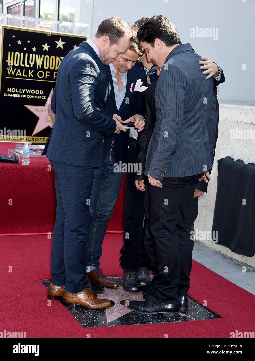 Donnie Wahlberg, Jordan Knight, Jonathan Knight, Joey McIntyre and Danny Wood attending the New Kids on the Block Walk of Fame Star Ceremony on Hollywood Blvd, Hollywood, California. Stock Photo