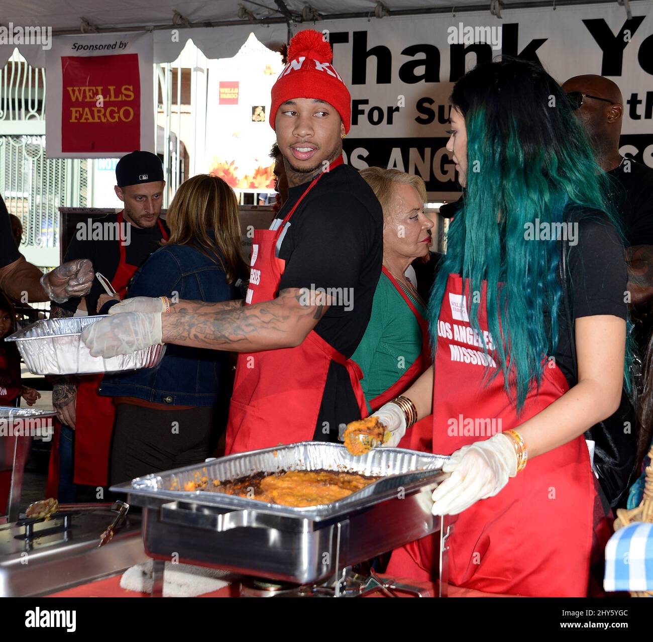 Kylie Jenner, Tyga during the Los Angeles Mission Thanksgiving Meal For The Homeless, held at Los Angeles Mission Stock Photo