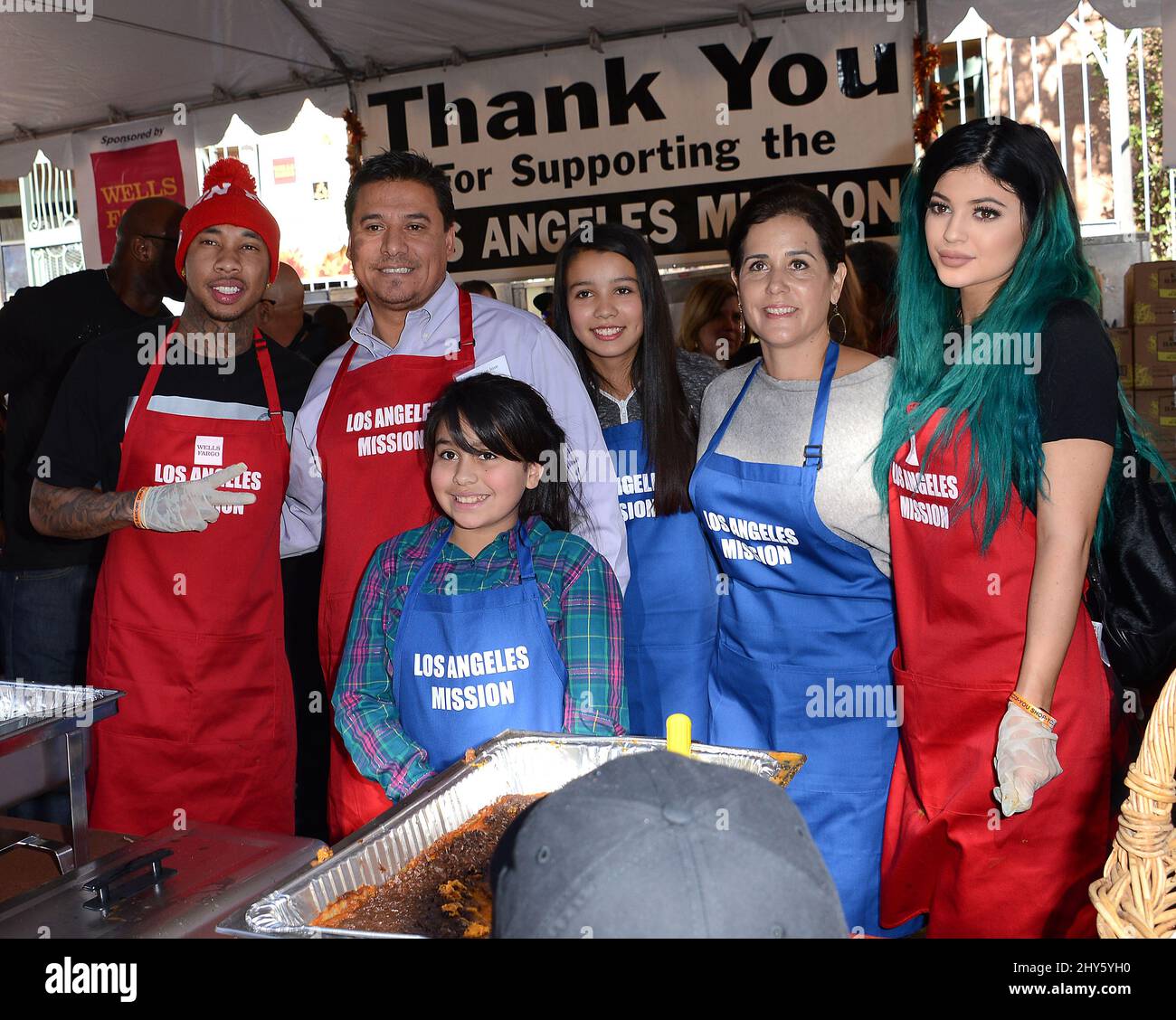 Kylie Jenner, Tyga during the Los Angeles Mission Thanksgiving Meal For The Homeless, held at Los Angeles Mission Stock Photo