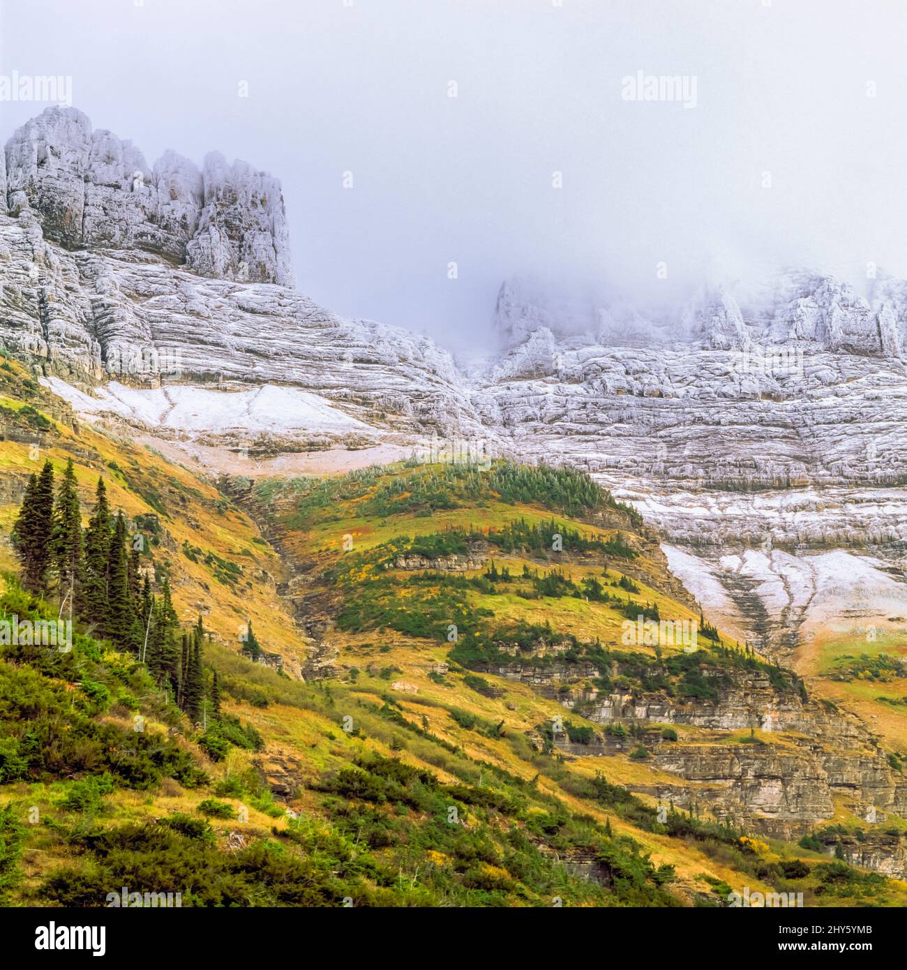 autumn snow descending on the garden wall in glacier national park ...