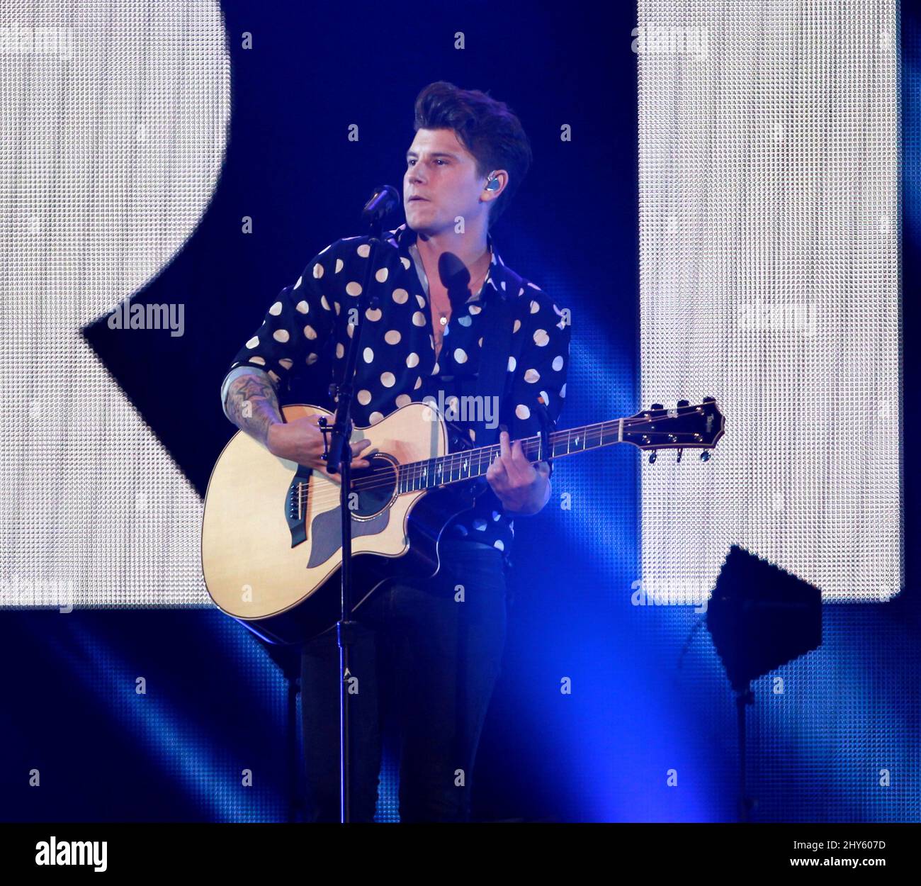 Charley Bagnall, Rixton performs during KIIS FM's Jingle Ball concert held at Staples Center, Los Angeles. Stock Photo