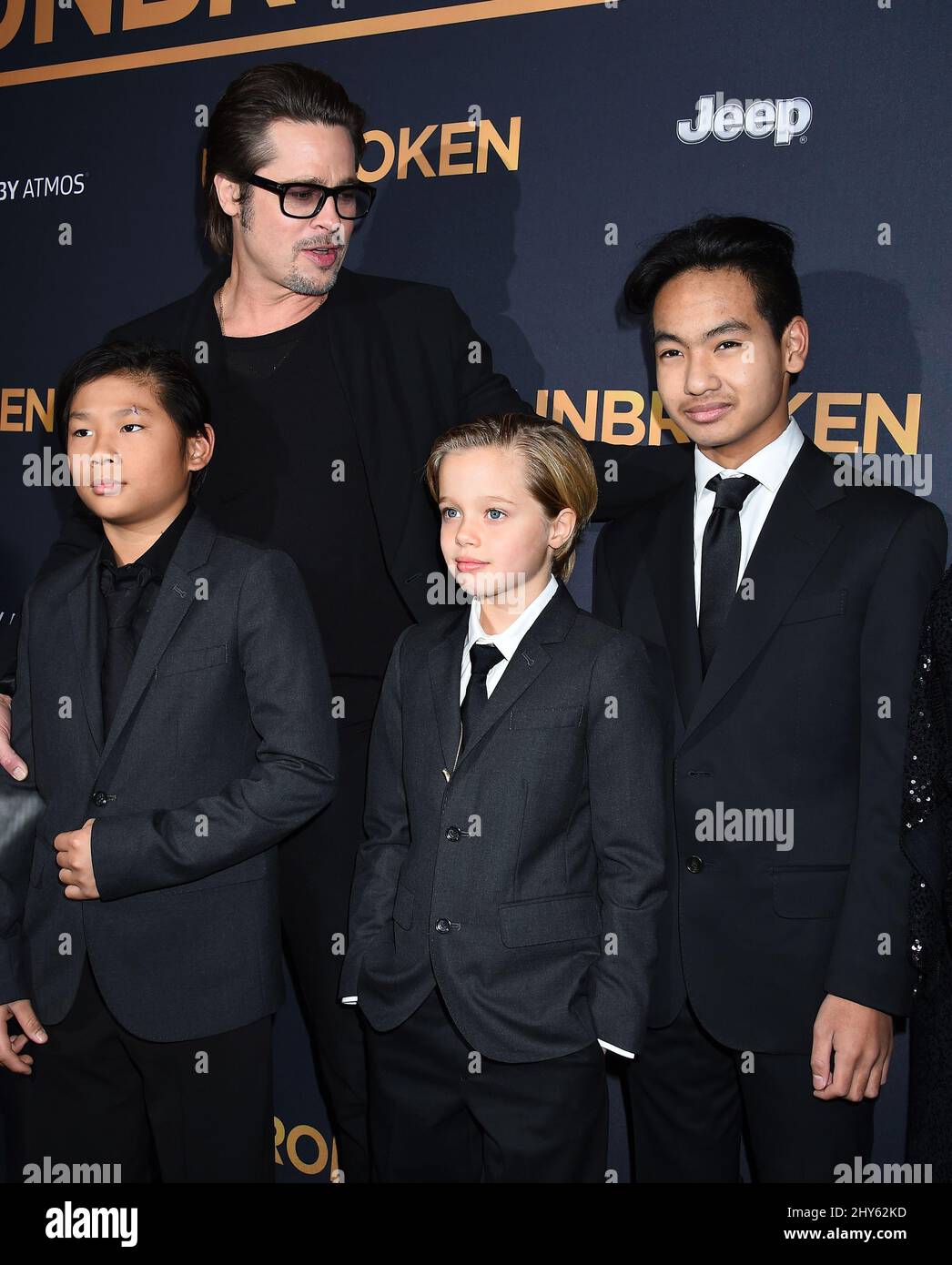 Brad Pitt, Pax Jolie-Pitt, Shiloh Jolie-Pitt and Maddox Jolie attending the 'Unbroken' Premiere in Los Angeles Stock Photo
