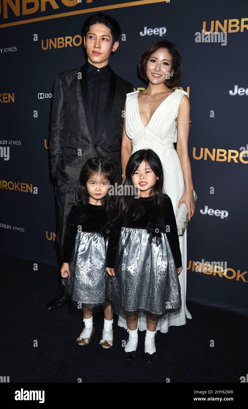 Miyavi, Melody, Jewelie Ishihara, Lovelie Ishihara attending the 'Unbroken' Premiere in Los Angeles Stock Photo