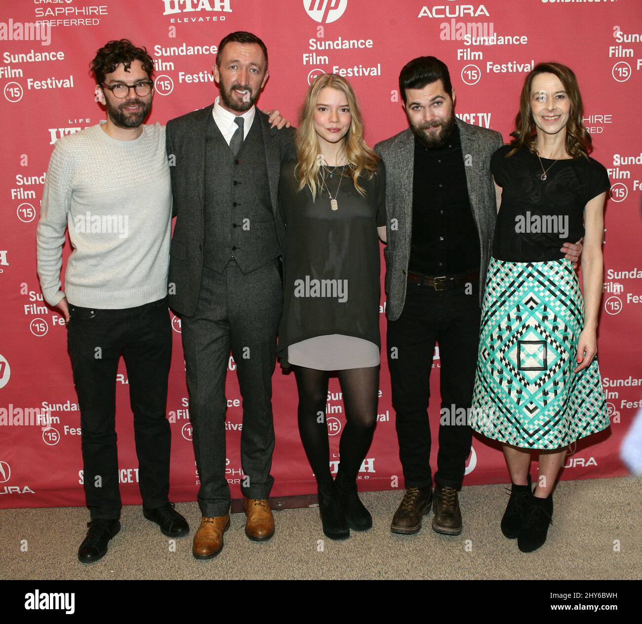 Jay Van Hoy, Ralph Ineson, Anya Taylor Joy, Robert Eggers and Kate Dickie attending the premiere of The Witch at the 2015 Sundance Film Festival in Park City, Utah. Stock Photo