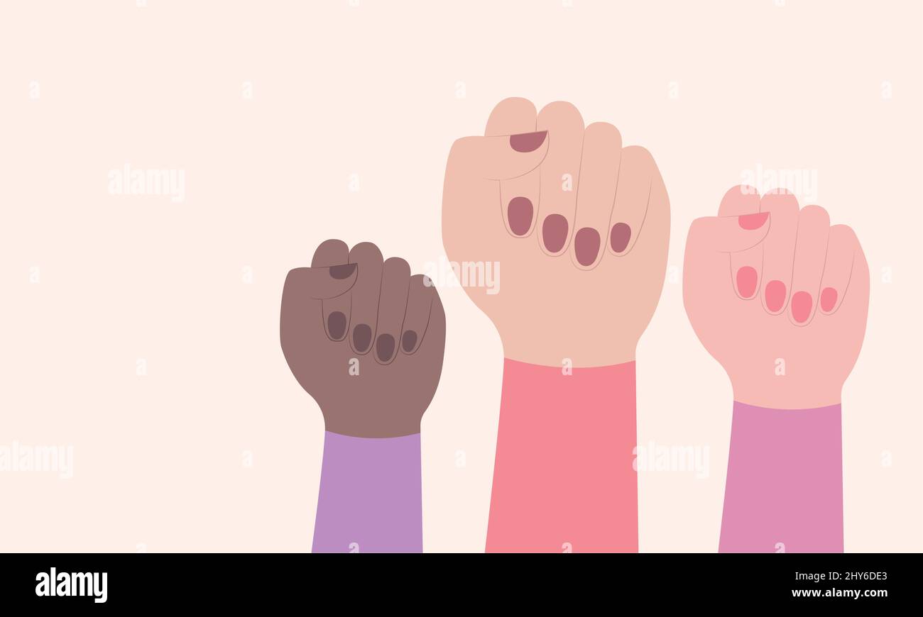 Different women raising hands in feminist gesture Stock Vector