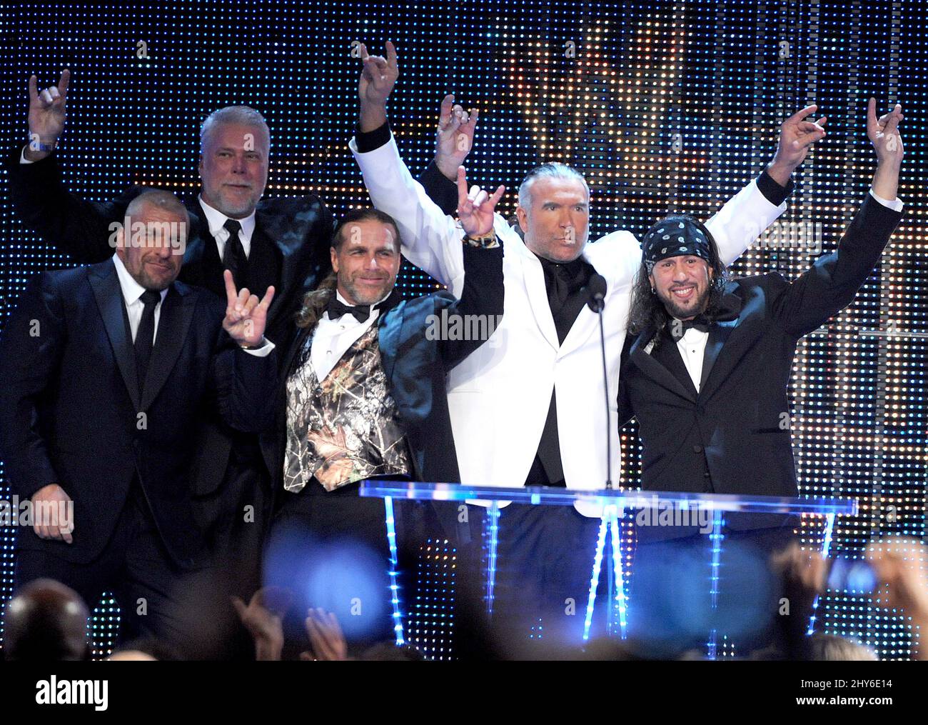**FILE PHOTO** Scott Hall Has Passed Away After Being Taken Off Life Support. New Orleans, La-April 5 : WWE Superstars Triple H, Kevin Nash, Shawn Michaels. Razor Ramon and X-Pac of the Clique attend the 2014 WWE Hall of Fame induction ceremony at the Smoothie King Center on April 5, 2014 in New Orleans. Credit: Napolitano/MediaPunch Stock Photo