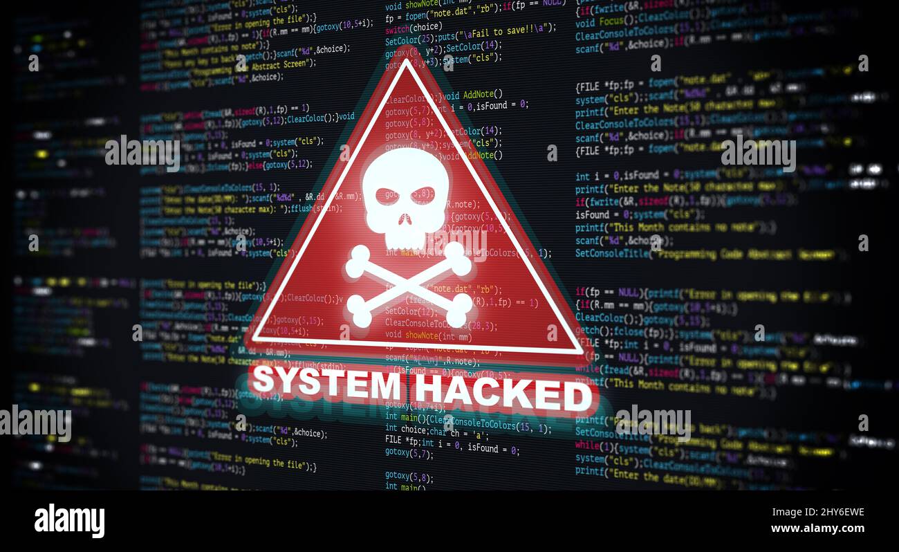 Abstract Modern tech of Programming code screen with Warning alert of System hacked. Virus, Malware, Cyber attack, and Internet cyber security Concept Stock Photo