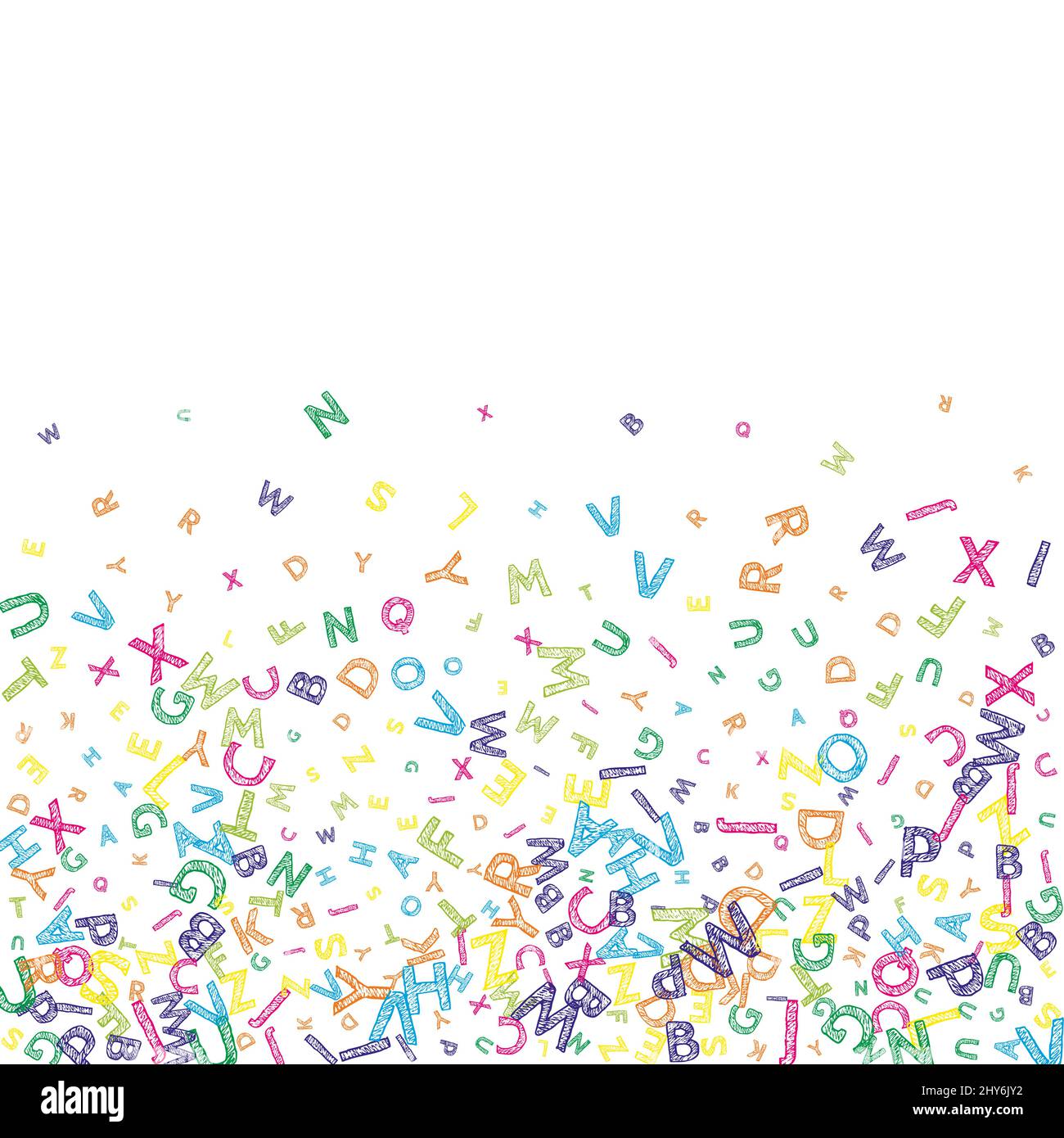 Falling letters of English language. Colorful messy sketch flying words ...