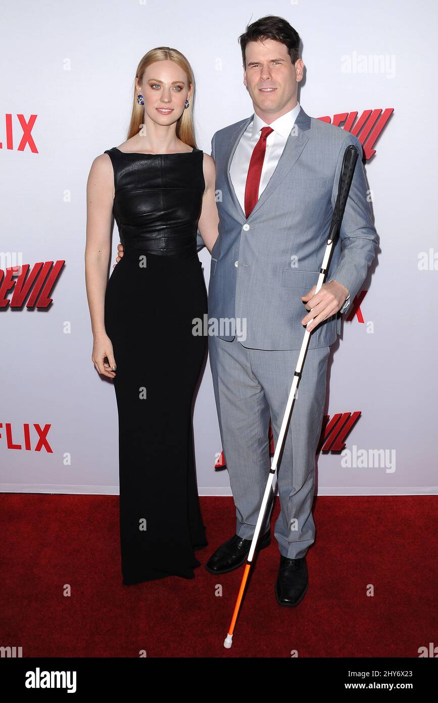 Deborah Ann Woll, E.J. Scott attending the 'Daredevil' premiere in Los Angeles Stock Photo