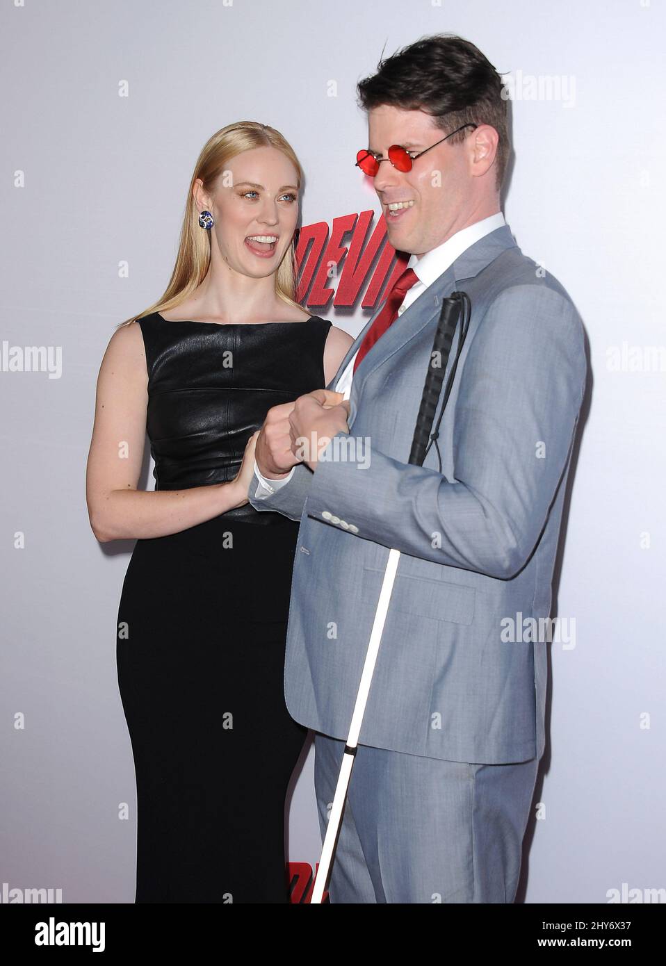 Deborah Ann Woll, E.J. Scott attending the 'Daredevil' premiere in Los Angeles Stock Photo