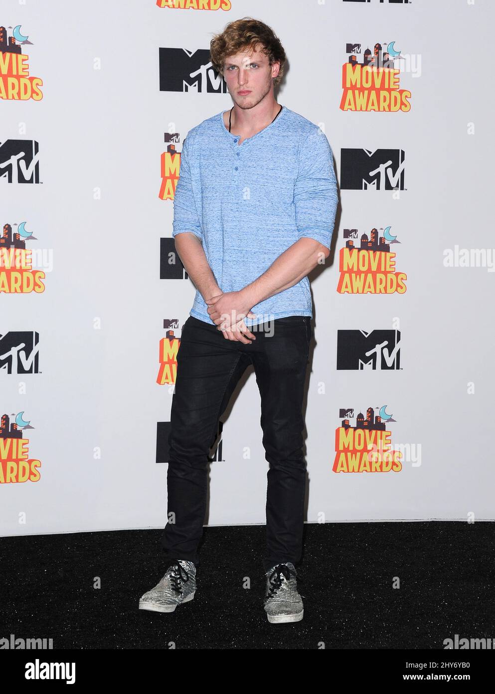 Logan Paul attends the 2015 MTV Movie Awards - Press Room held at Nokia Theatre L.A. Live Stock Photo