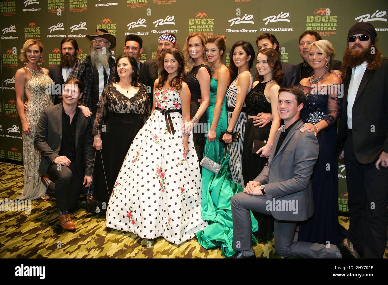 Jessica Robertson, Jep Robertson, Reed Robertson, Si Robertson, Kay Robertson, Will Robertson, Willie Robertson, Bella Robertson, Korie Robertson, Sadie Robertson, Rebecca Robertson, Mary Kate McEacharn, John Luke Robertson, Cole Robertson, Alan Robertson, Lisa Robertson, Jase Robertson attends the opening night of Duck Commander The Musical at the Crown theater at Rio All-Suite Hotel & Casino on April 15, 2015 in Las Vegas, Nevada. Stock Photo