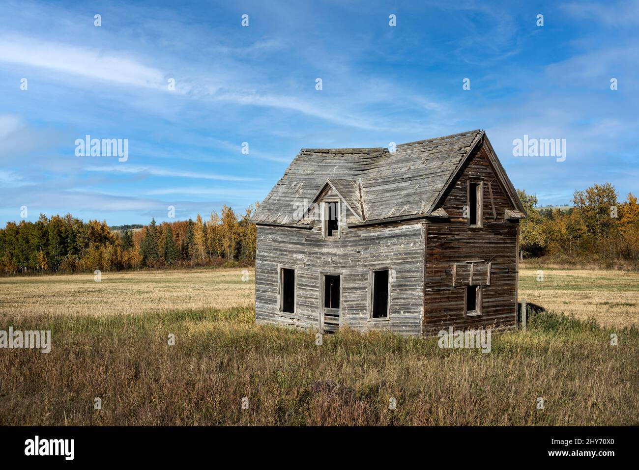 Old, abandoned wooden homestead/farmhouse in Alberta, Canada. Stock Photo