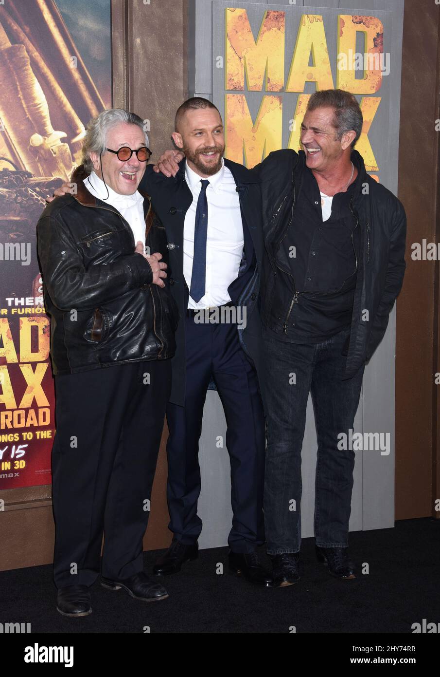 George Miller, Tom Hardy and Mel Gibson attends "Mad Max:Fury Road" premiere held at the TCL Chinese Theatre Stock Photo
