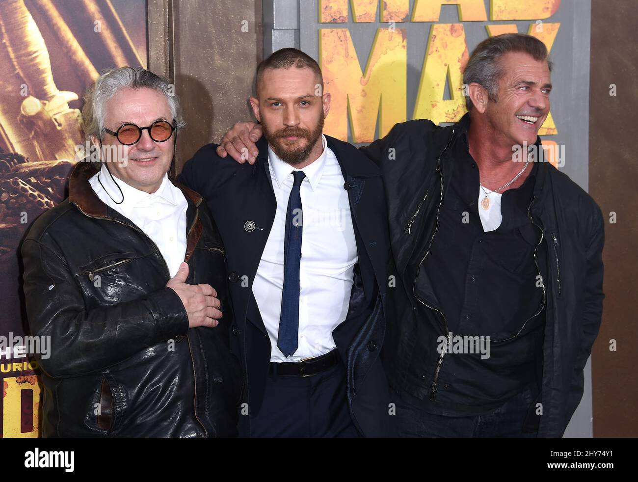 Mel Gibson, Tom Hardy & George Miller attends 'Mad Max:Fury Road' premiere held at the TCL Chinese Theatre Stock Photo