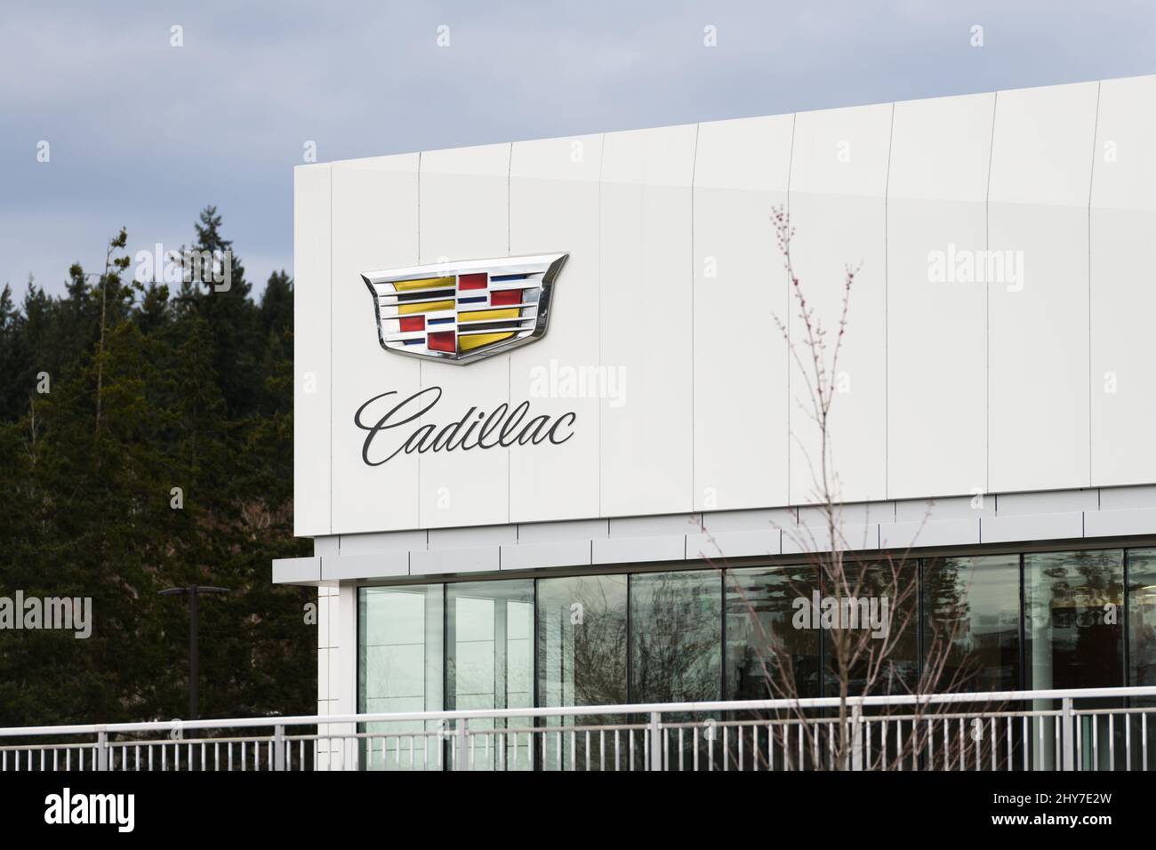 Bellevue, WA, USA March 13, 2022; Sign with emblem for a Cadillac