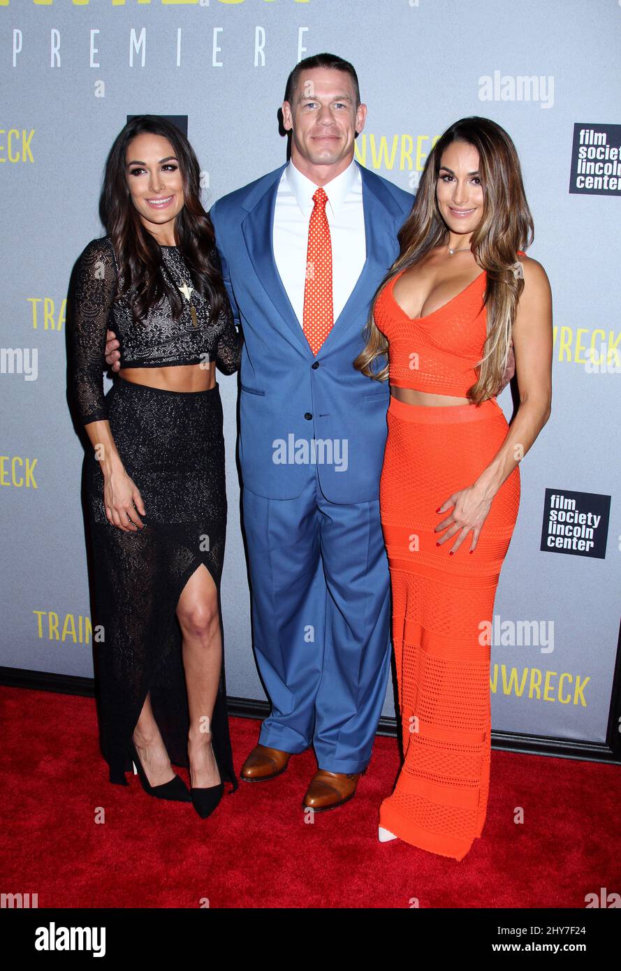 Brie Bella, John Cena and Nikki Bella attending the premiere of Trainwreck in New York. Stock Photo