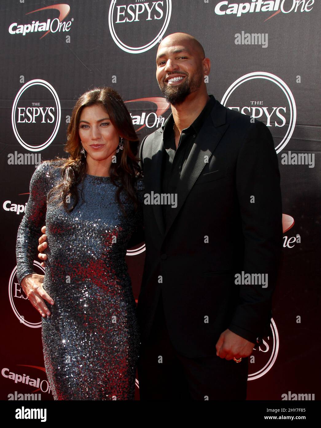 Hope Solo and Jerramy Stevens attending the 2015 ESPYS Awards at the Microsoft Theatre in Los Angeles Stock Photo