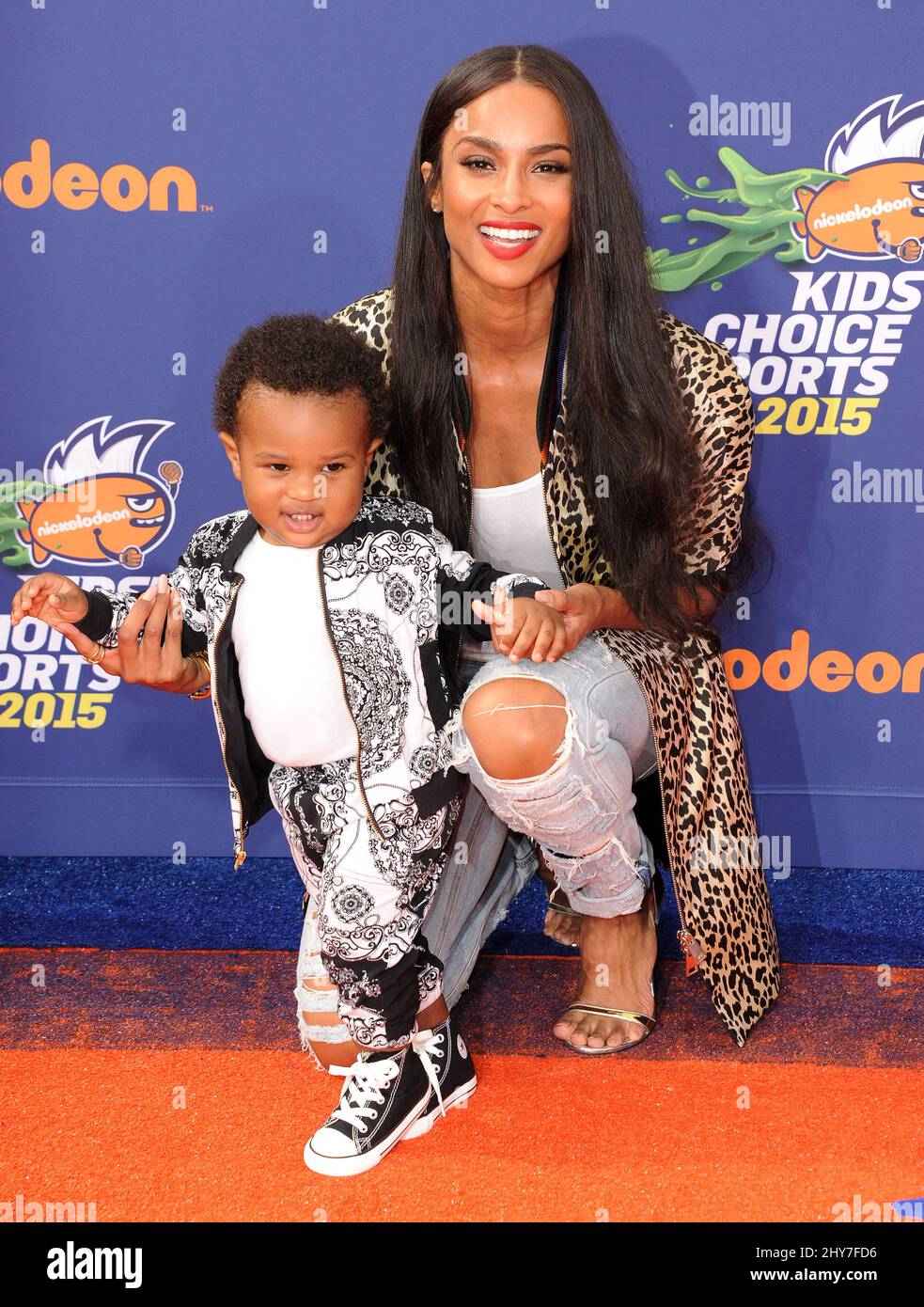 Ciara, son Future Zahir Wilburn attending Nickelodeon Kids' Choice Sports Awards 2015 held at UCLA's Pauley Pavilion in Los Angeles, USA. Stock Photo