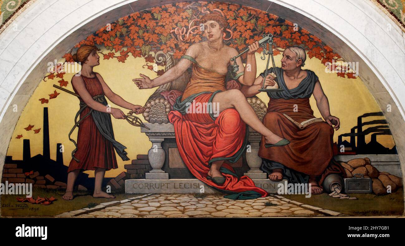 Corrupt Legislation. Mural by Elihu Vedder. Lobby to Main Reading Room, Library of Congress Thomas Jefferson Building, Washington, D.C. Main figure is seated atop a pedestal saying 'CORRUPT LEGISLATION'. Artist's signature is dated 1896.. Elihu Vedder (February 26, 1836 – January 29, 1923) was an American symbolist painter, book illustrator, and poet, born in New York City. Stock Photo