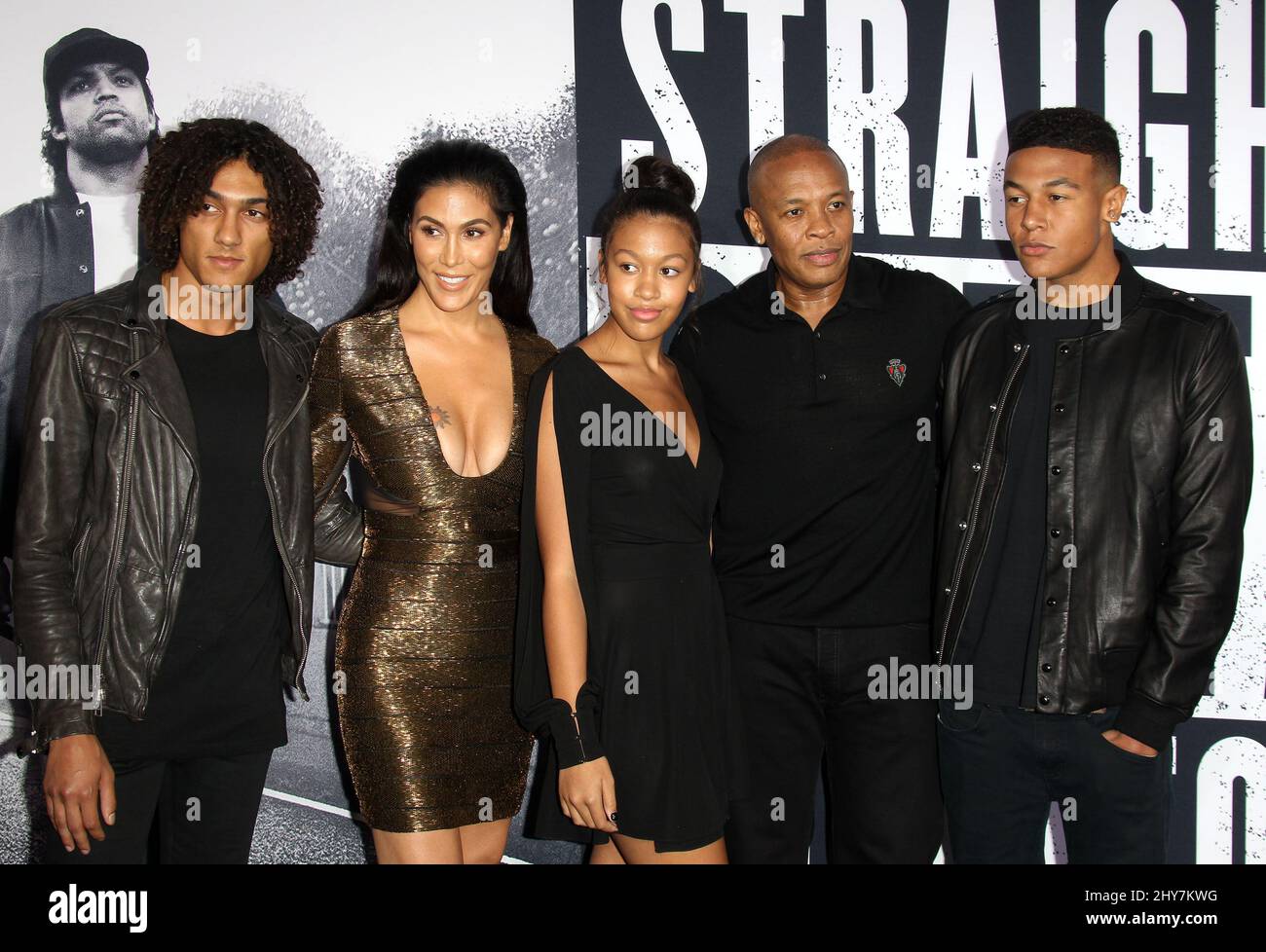 Nicole Threatt, Truly Young, Dr. Dre and Truth Young attendng the 'Straight Outta Compton' Los Angeles Premiere Stock Photo