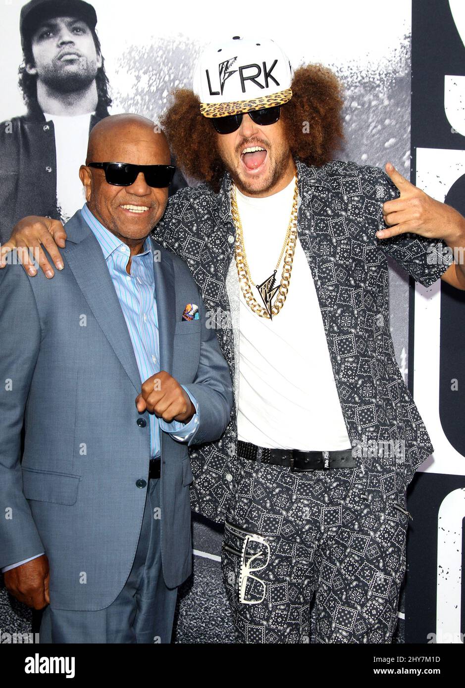 Redfoo, Stefan Kendal Gordy, Berry Gordy Jr. attendng the 'Straight Outta Compton' Los Angeles Premiere Stock Photo