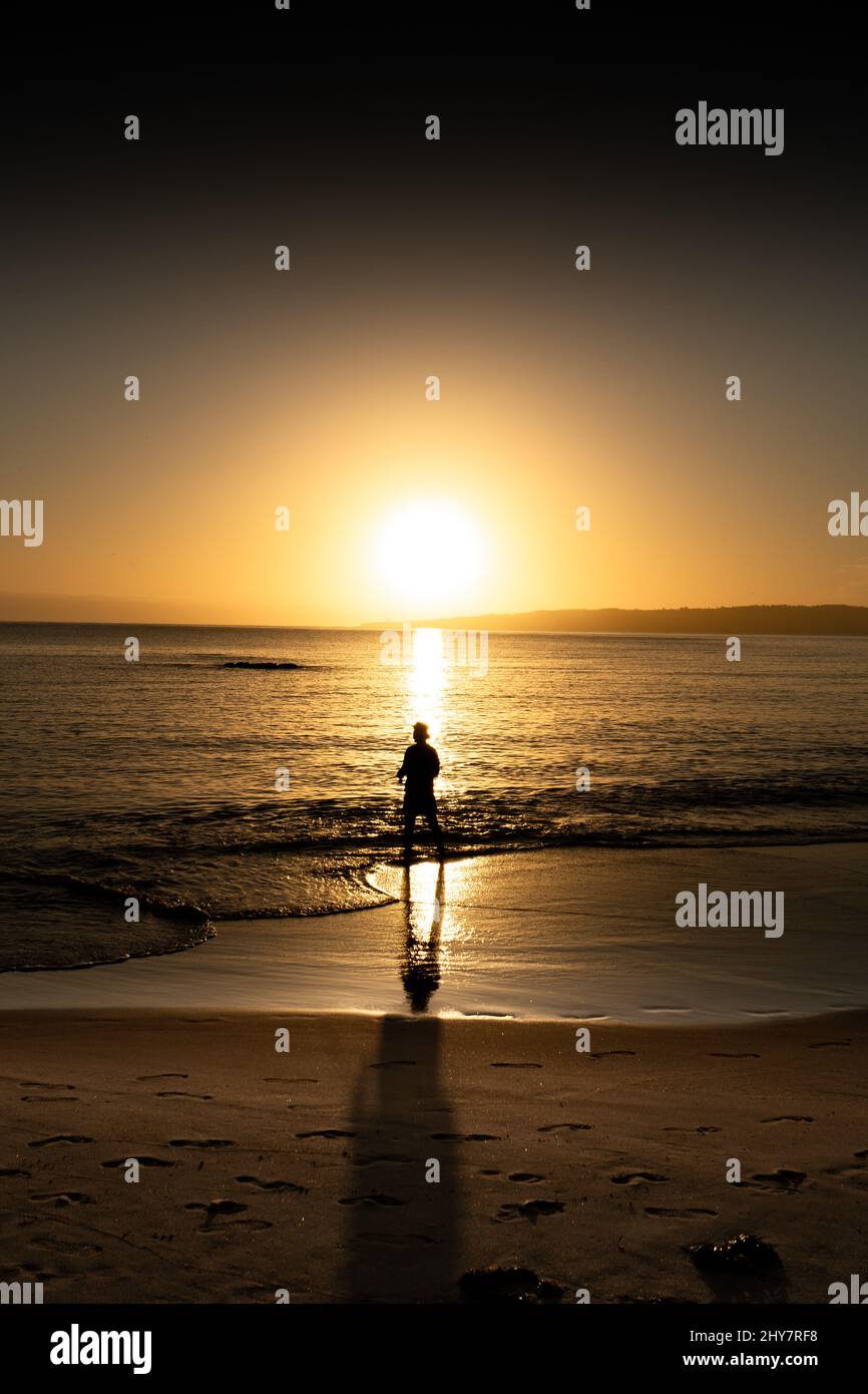 Silhouette of a man on a beach against the sunset background Stock ...