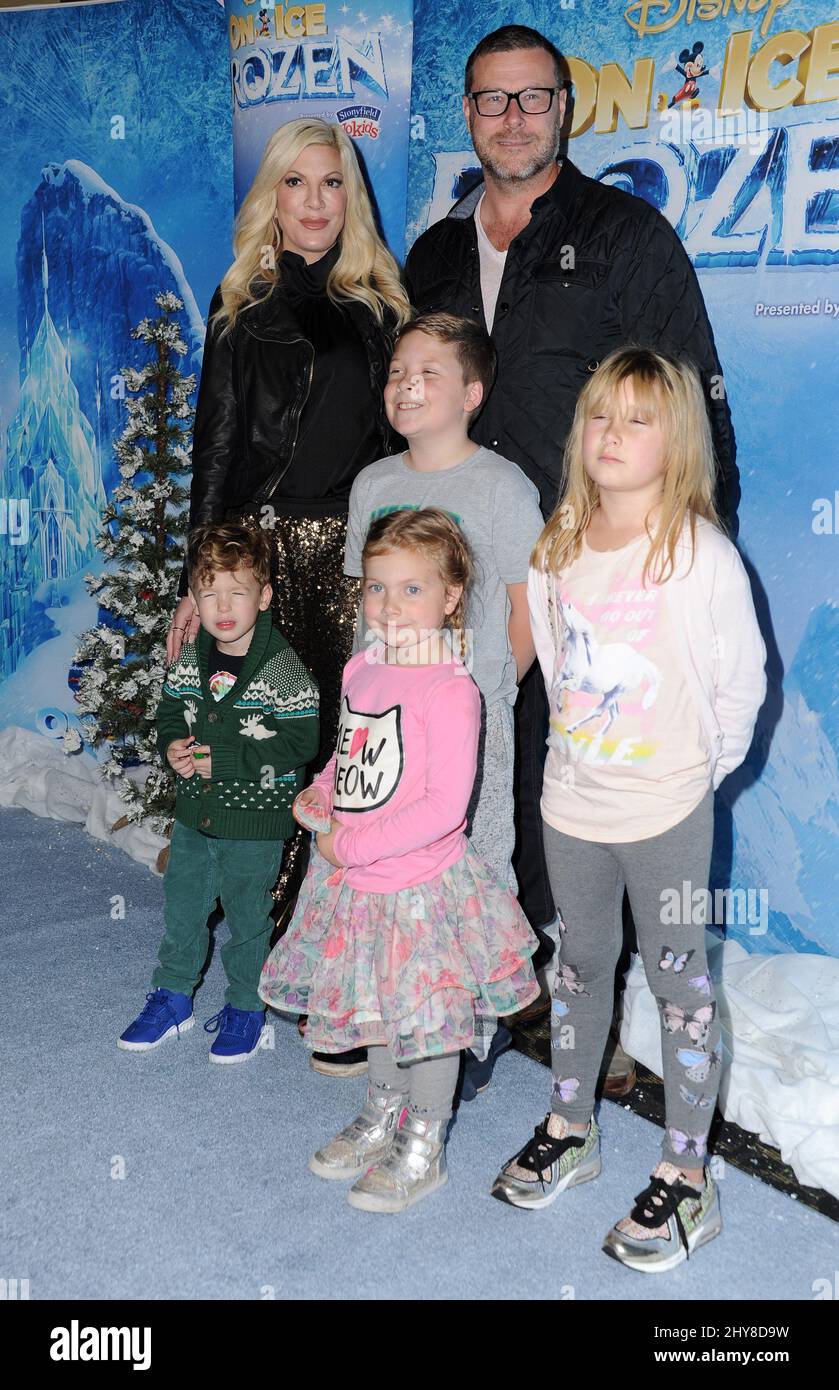 Tori Spelling, Dean McDermott, Liam, Stella, Hattie, Finn attending