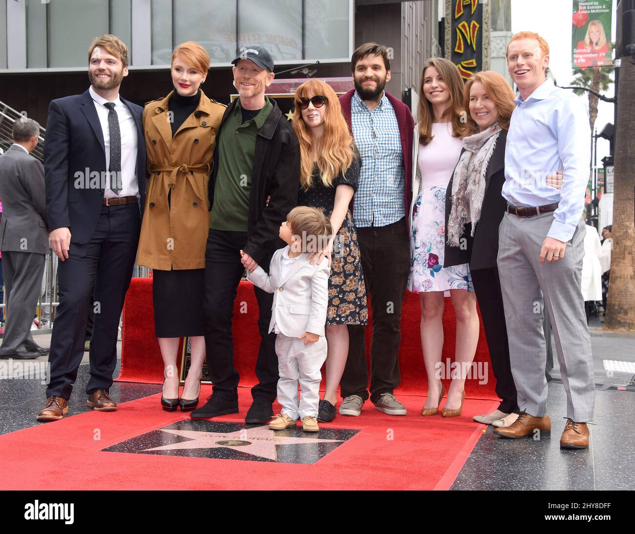 Seth Gabel, Bryce Dallas Howard, Ron Howard, Jocelyn Howard, Paige Howard, Cheryl Howard and Reed Howard attending the ceremony honouring Ron Howard with his 2nd star on the Hollywood Walk of Fame Stock Photo