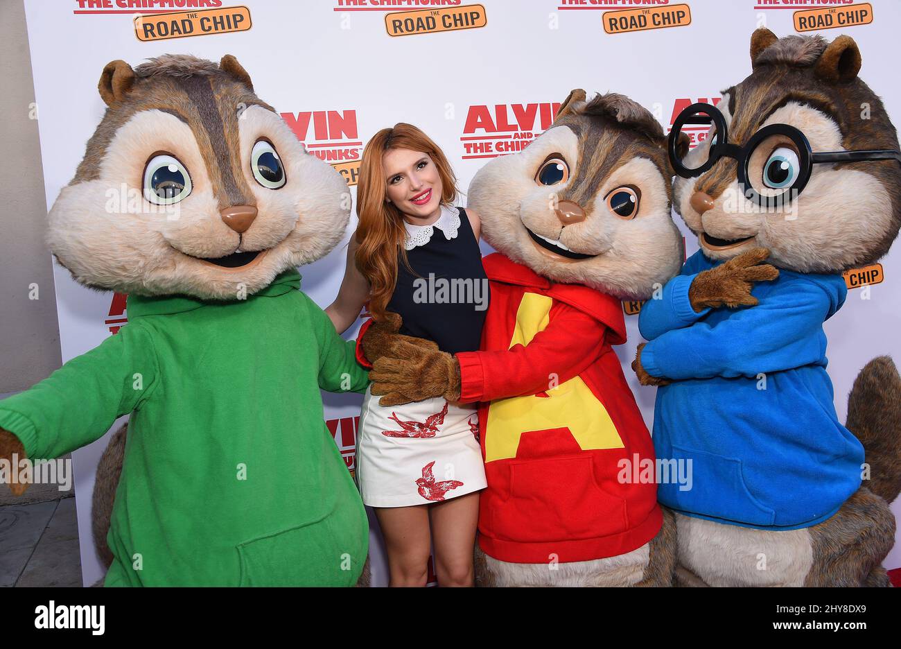 Bella Thorne, Theodore, Alvin and Simon 'Alvin and the Chipmunks: The Road Chip' Los Angeles Premiere held at the Zanuck Theater on the Fox Lot. Stock Photo