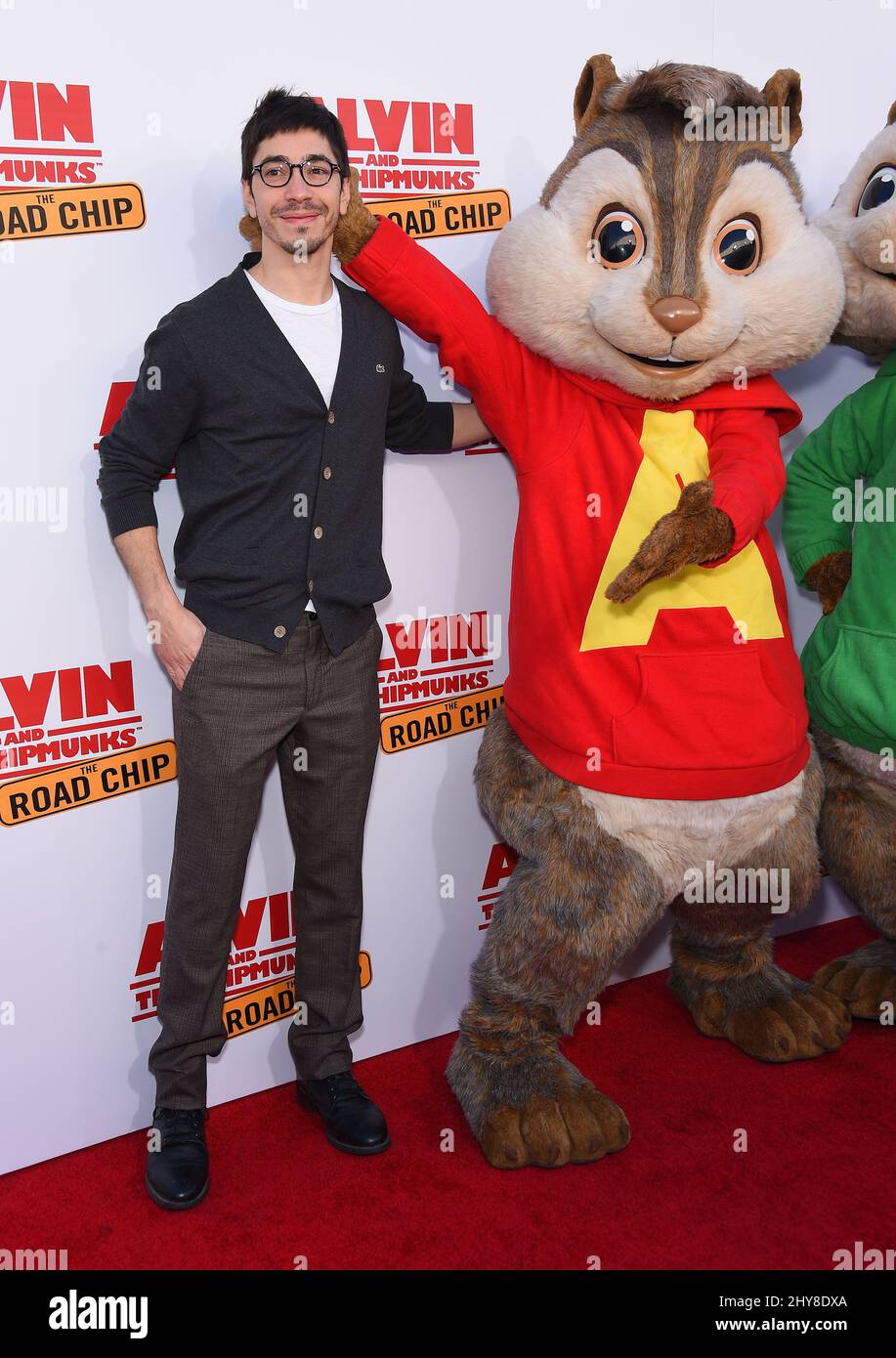 Justin Long & Alvin 'Alvin and the Chipmunks: The Road Chip' Los Angeles Premiere held at the Zanuck Theater on the Fox Lot. Stock Photo