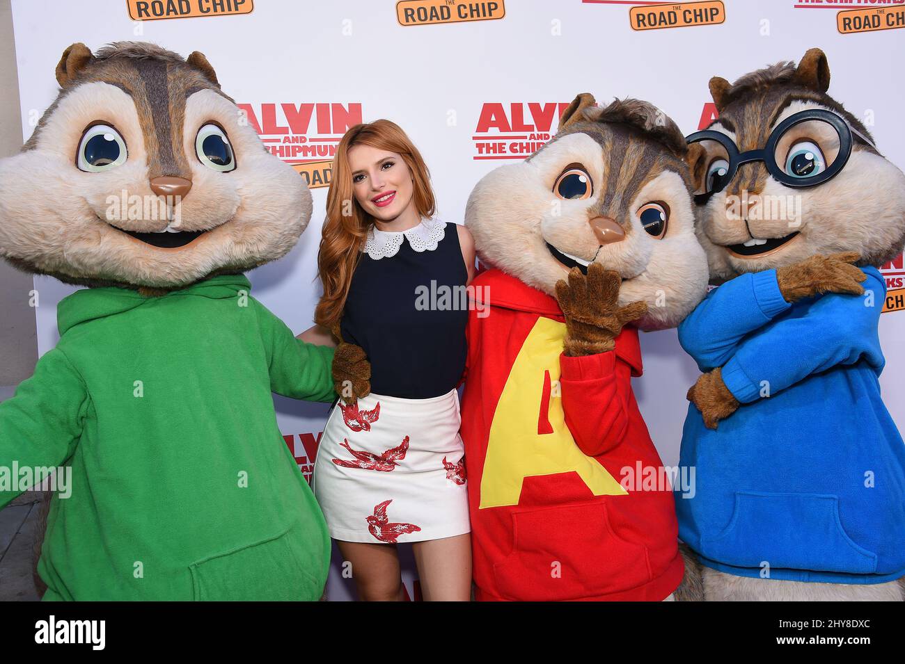 Bella Thorne, Theodore, Alvin and Simon 'Alvin and the Chipmunks: The Road Chip' Los Angeles Premiere held at the Zanuck Theater on the Fox Lot. Stock Photo