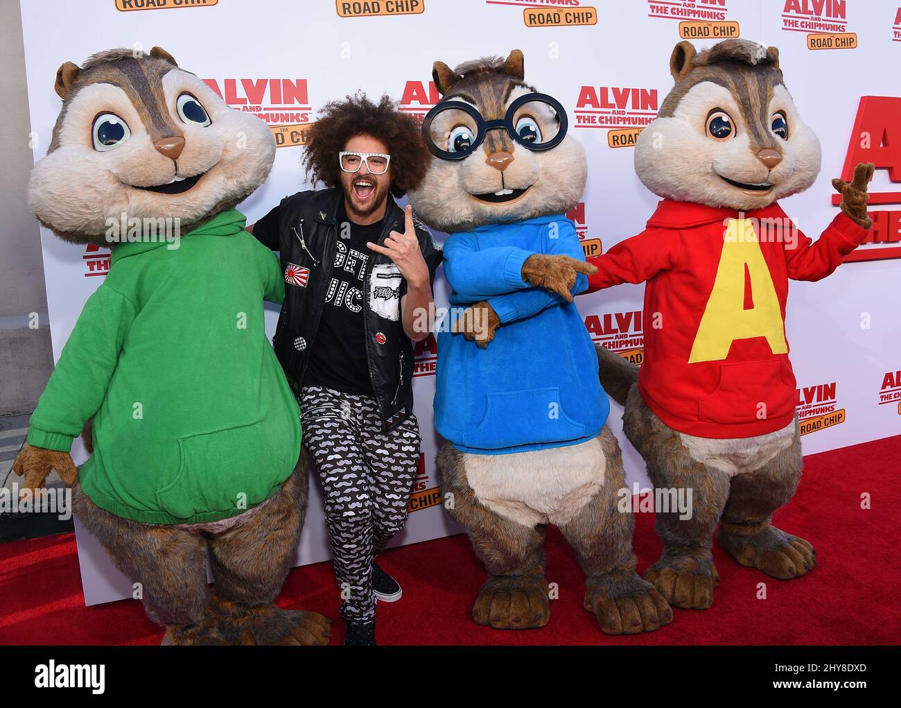 Redfoo, Theodore, Alvin and Simon 'Alvin and the Chipmunks: The Road Chip' Los Angeles Premiere held at the Zanuck Theater on the Fox Lot. Stock Photo