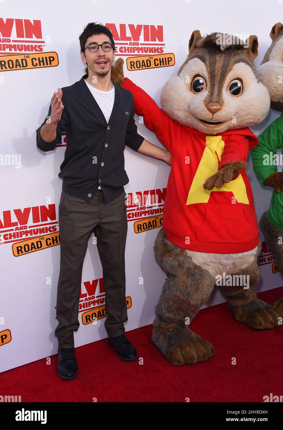 Justin Long & Alvin 'Alvin and the Chipmunks: The Road Chip' Los Angeles Premiere held at the Zanuck Theater on the Fox Lot. Stock Photo