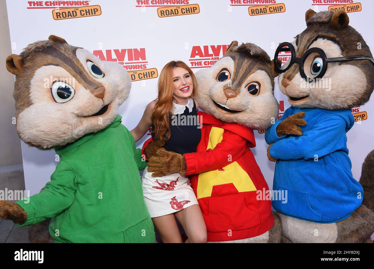 Bella Thorne, Theodore, Alvin and Simon 'Alvin and the Chipmunks: The Road Chip' Los Angeles Premiere held at the Zanuck Theater on the Fox Lot. Stock Photo