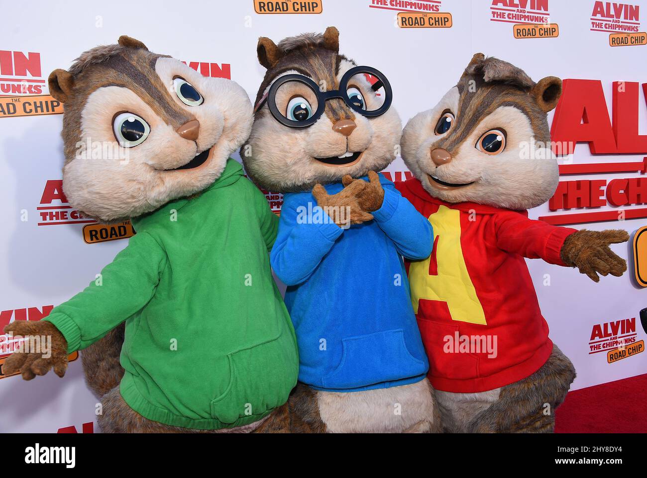 Theodore, Alvin and Simon 'Alvin and the Chipmunks: The Road Chip' Los Angeles Premiere held at the Zanuck Theater on the Fox Lot. Stock Photo