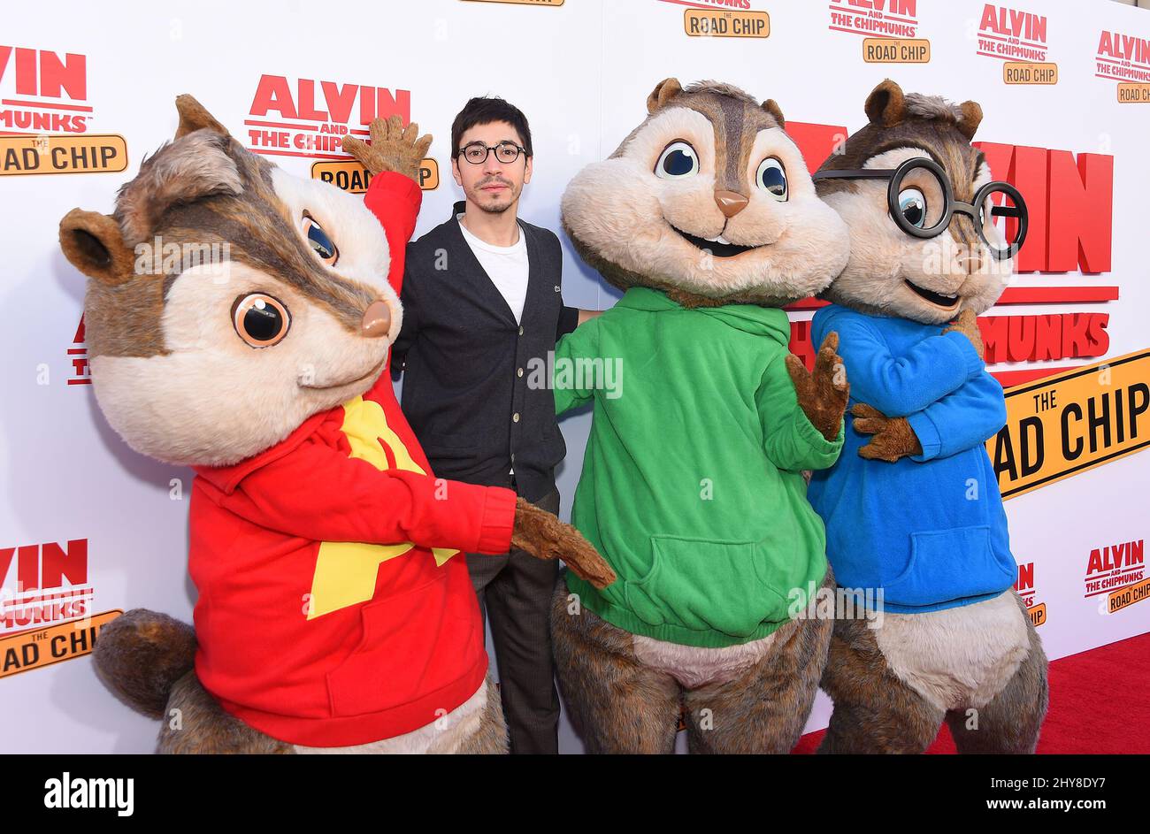 Justin Long, Alvin, Theodore and Simon 'Alvin and the Chipmunks: The Road Chip' Los Angeles Premiere held at the Zanuck Theater on the Fox Lot. Stock Photo