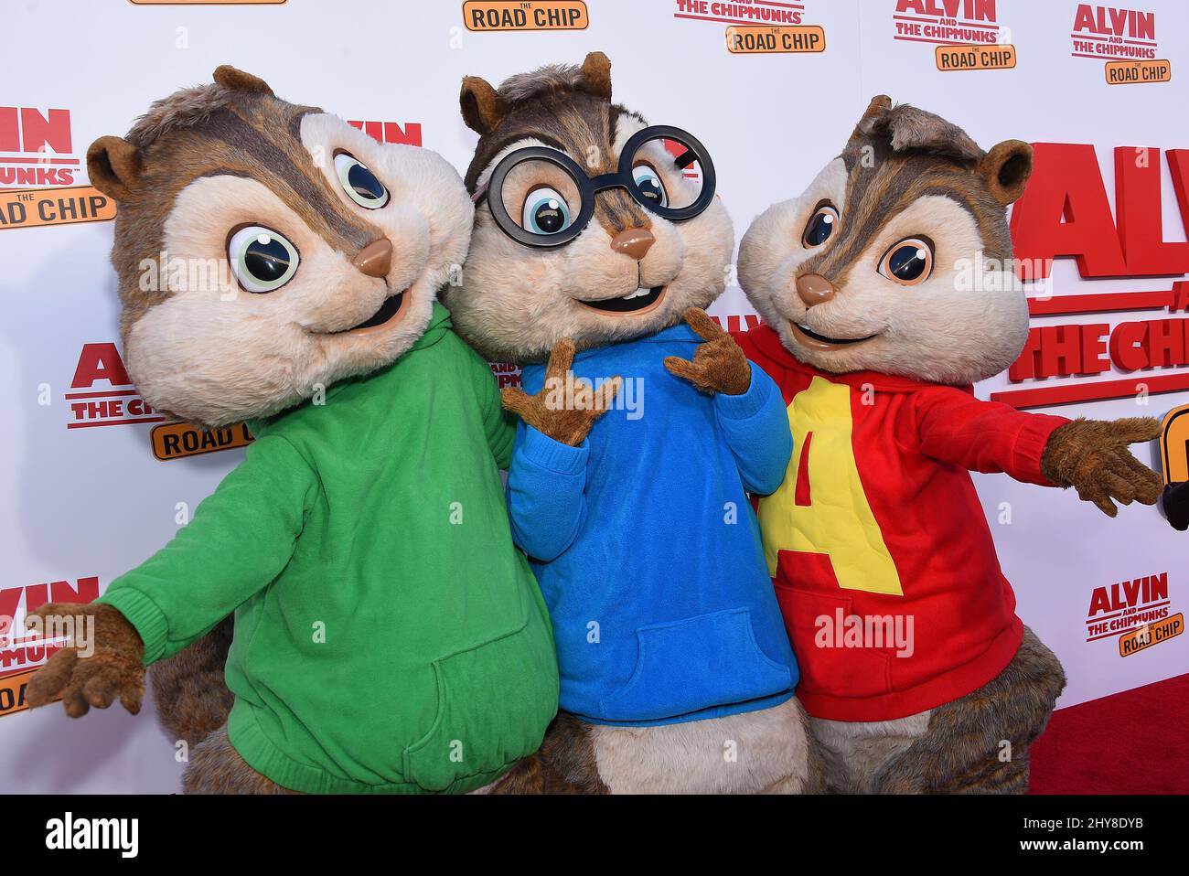 Theodore, Alvin and Simon 'Alvin and the Chipmunks: The Road Chip' Los Angeles Premiere held at the Zanuck Theater on the Fox Lot. Stock Photo