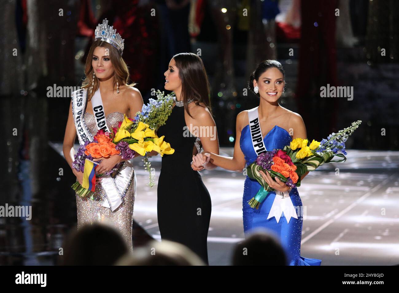 Miss Colombia, Ariadna Gutierrez-Arevalo, Paulina Vega, Miss Universe 2014, Miss Philippines, Pia Alonzo Wurtzbach during the 2015 MISS UNIVERSE Pageant, Planet Hollywood Resort & Casino Stock Photo