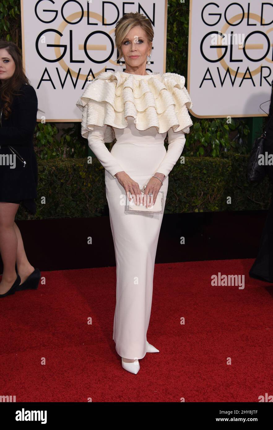 jane fonda 2016 golden globes dress arrives at the 73rd annual Globe Awards on Sunday, Jan. 10, 2016, at the Beverly Hilton Hotel in Beverly Hills, Calif. (Photo by Jordan Strauss/Invision/AP Stock Photo Category:MILKMAID STYLE